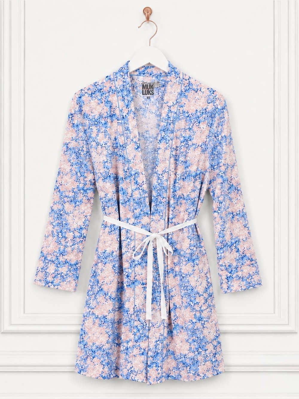Muk Luks Womens XS Cloud Knit Blue Pink Print Lightweight Soft Stretch Robe